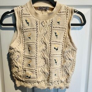 Zara Cream Knit Floral Cable Sleeveless Sweater Vest